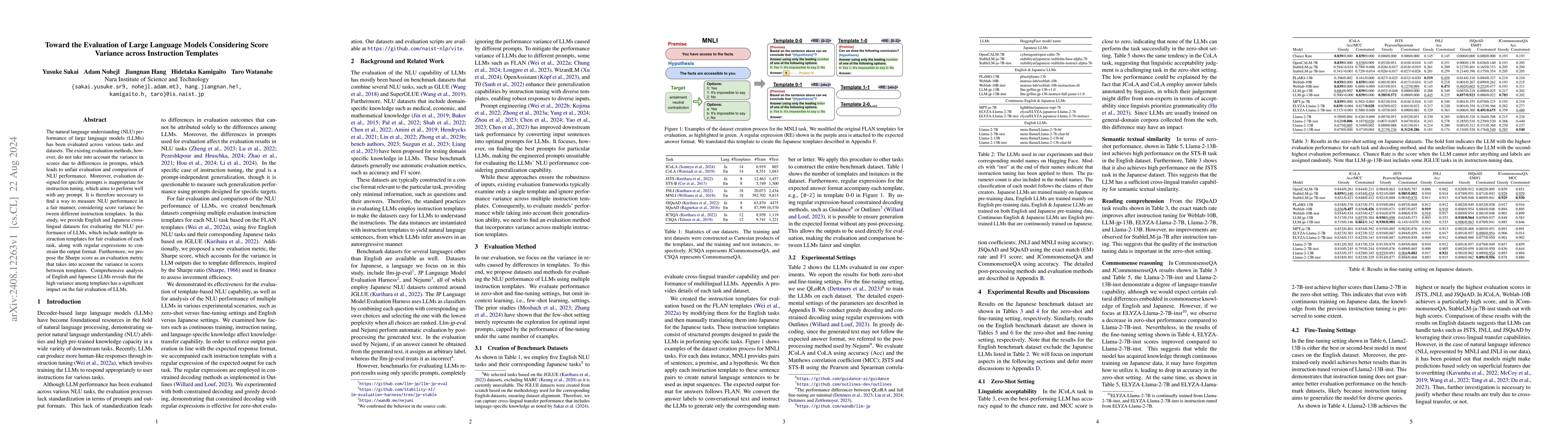 Thumbnail for Toward the Evaluation of Large Language Models Considering Score
  Variance across Instruction Templates