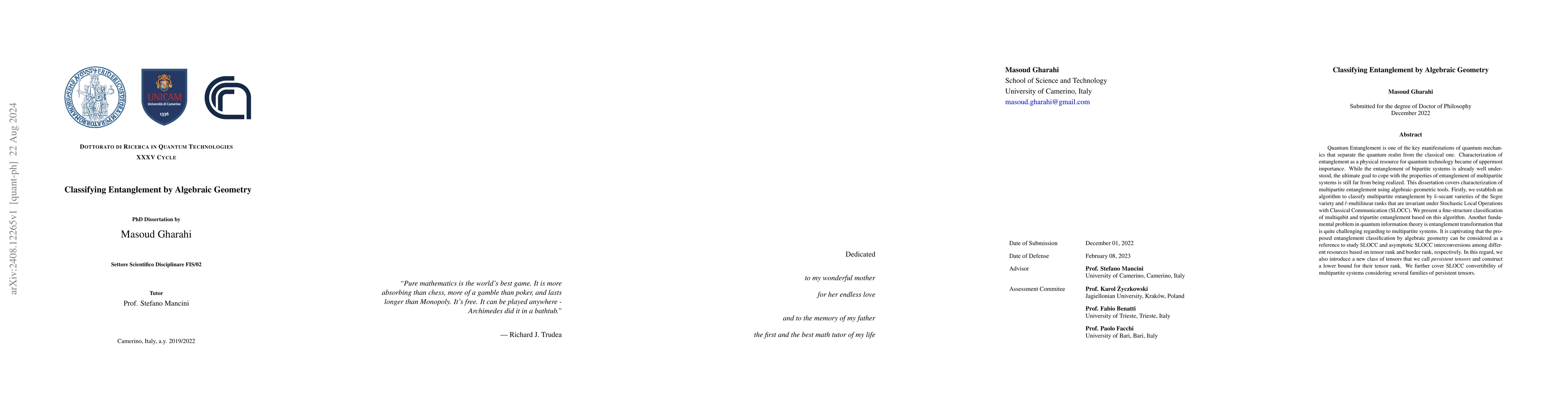 Thumbnail for Classifying Entanglement by Algebraic Geometry