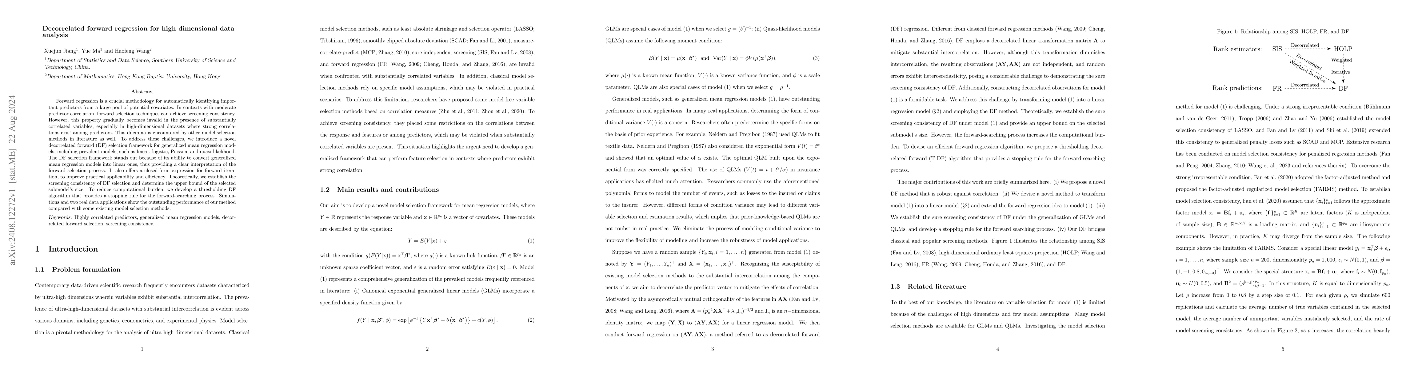 Thumbnail for Decorrelated forward regression for high dimensional data analysis
