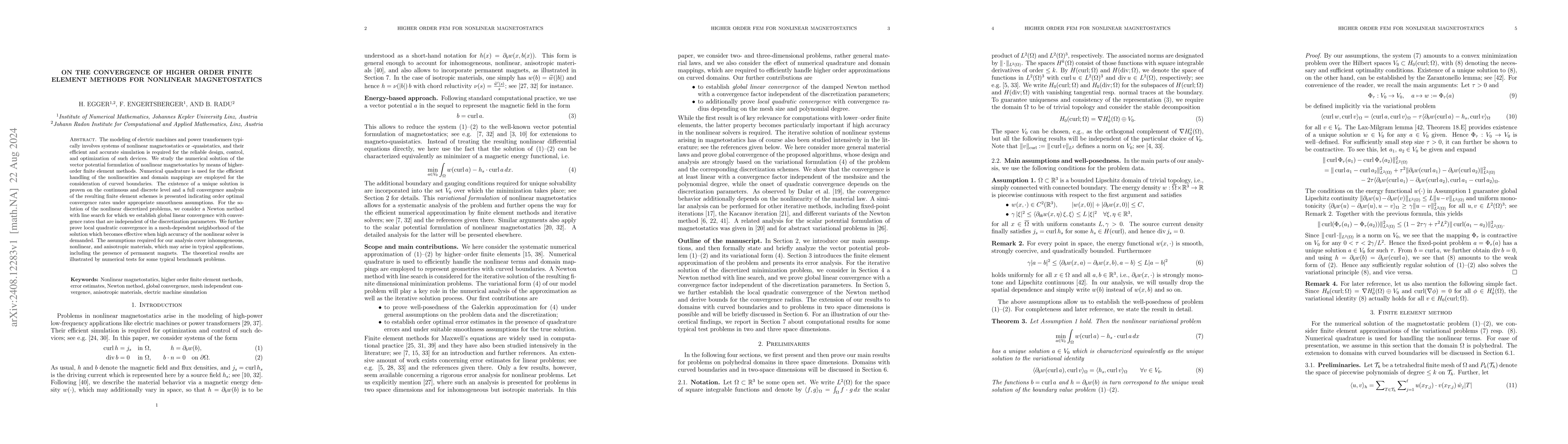 Thumbnail for On the convergence of higher order finite element methods for nonlinear
  magnetostatics