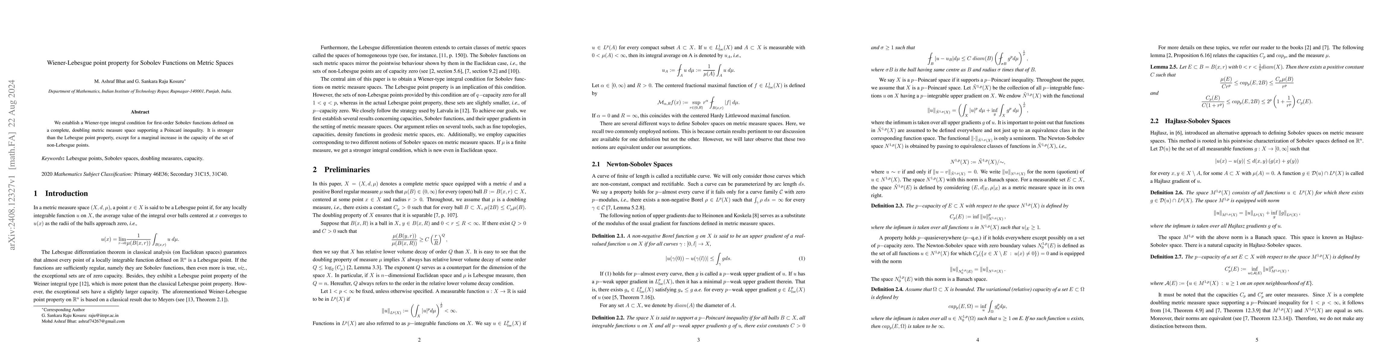 Thumbnail for Wiener-Lebesgue point property for Sobolev Functions on Metric Spaces