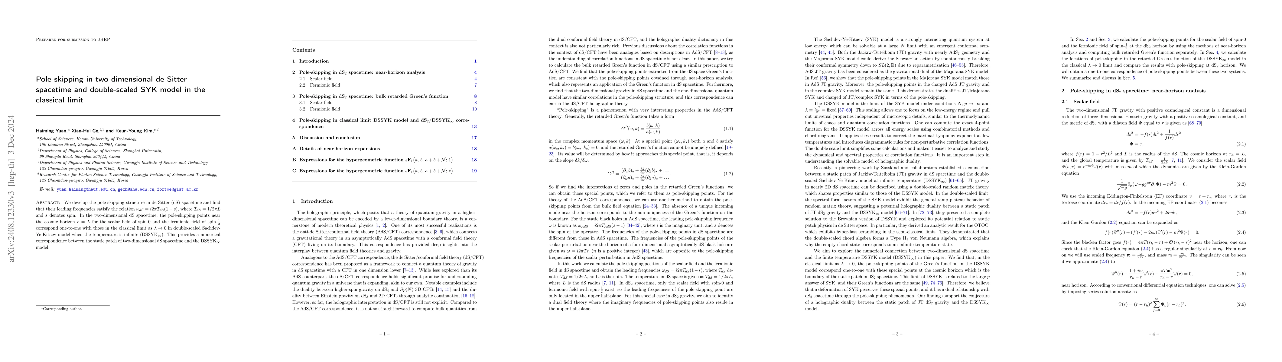 Thumbnail for Pole-skipping in two-dimensional de Sitter spacetime and double-scaled
  SYK model in the classical limit