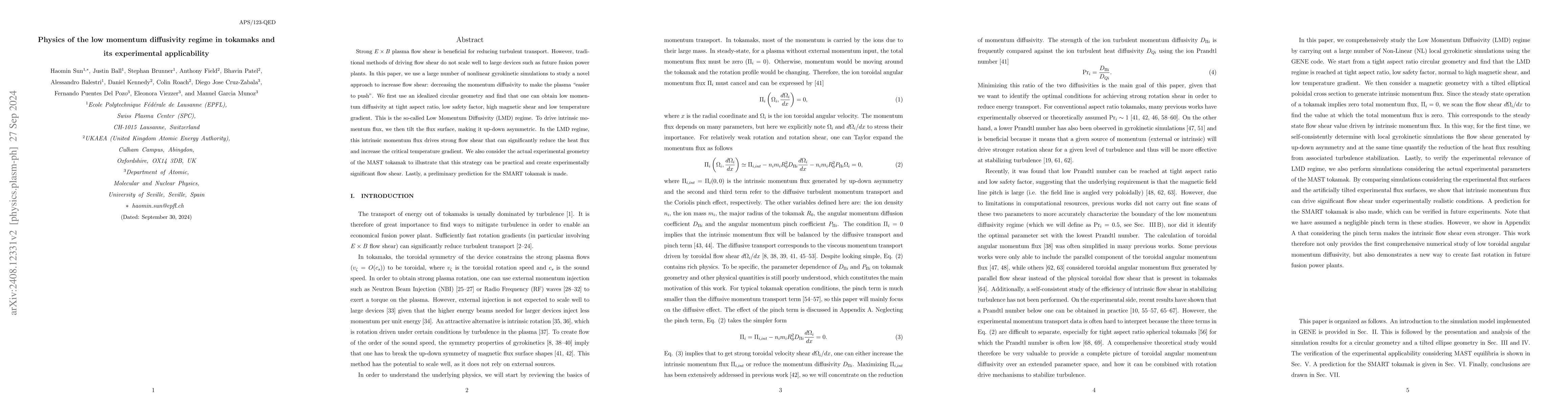 Thumbnail for Physics of the low momentum diffusivity regime in tokamaks and its
  experimental applicability