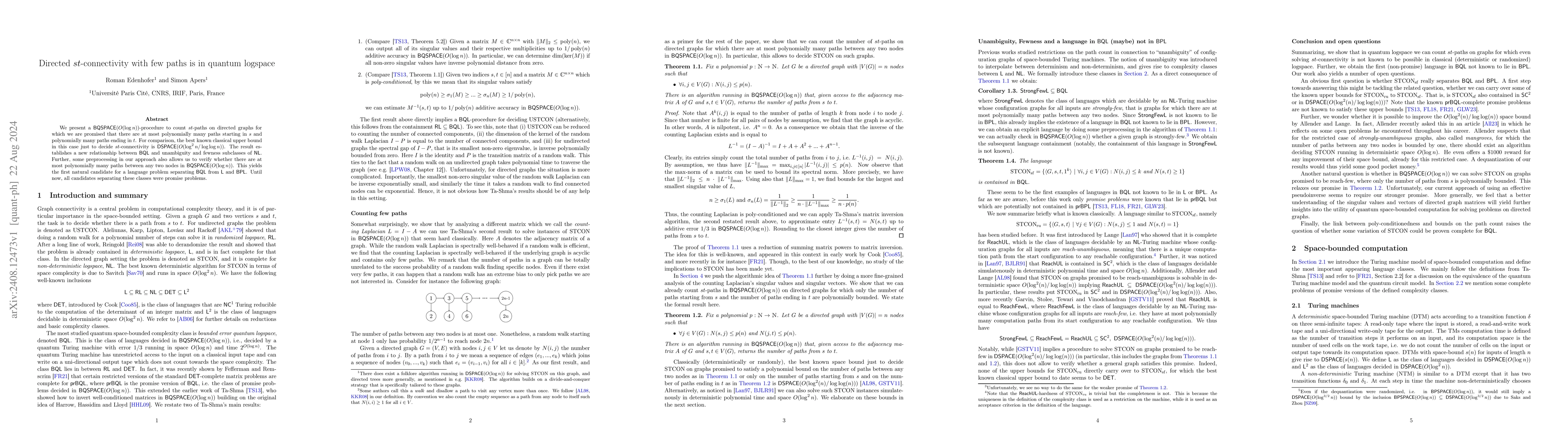 Thumbnail for Directed st-connectivity with few paths is in quantum logspace