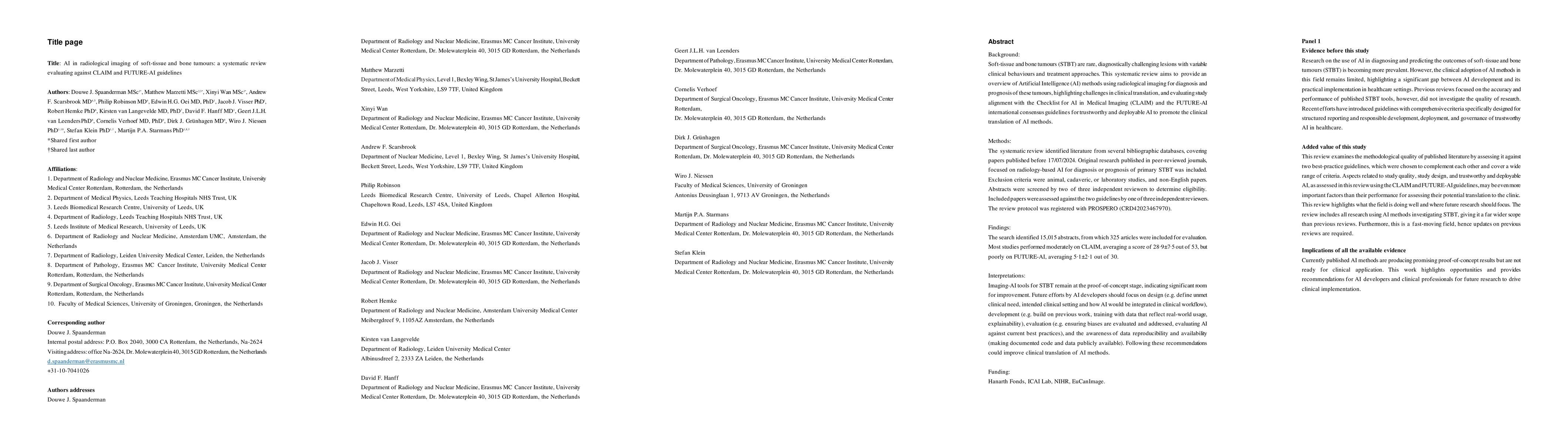 Thumbnail for AI in radiological imaging of soft-tissue and bone tumours: a systematic
  review evaluating against CLAIM and FUTURE-AI guidelines