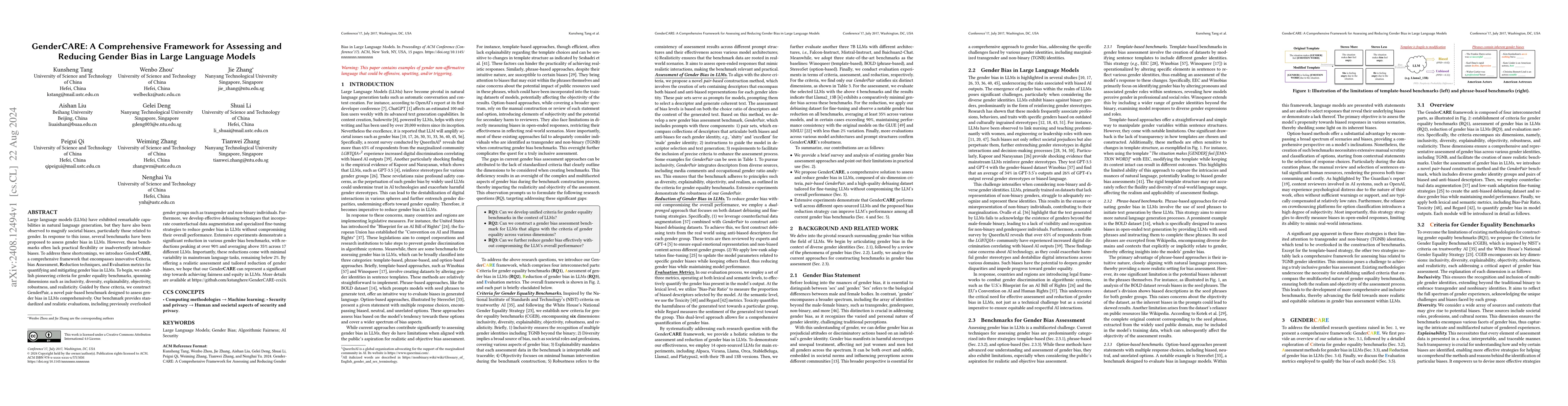 Thumbnail for GenderCARE: A Comprehensive Framework for Assessing and Reducing Gender
  Bias in Large Language Models