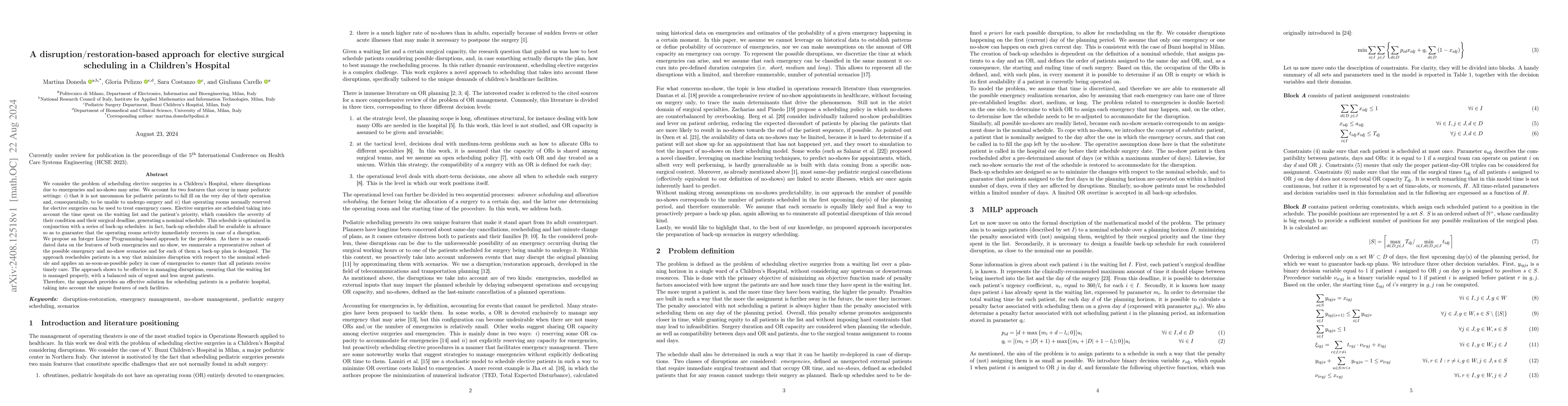 Thumbnail for A disruption-restoration-based MILP model for elective surgical
  scheduling in a children's hospital using scenarios