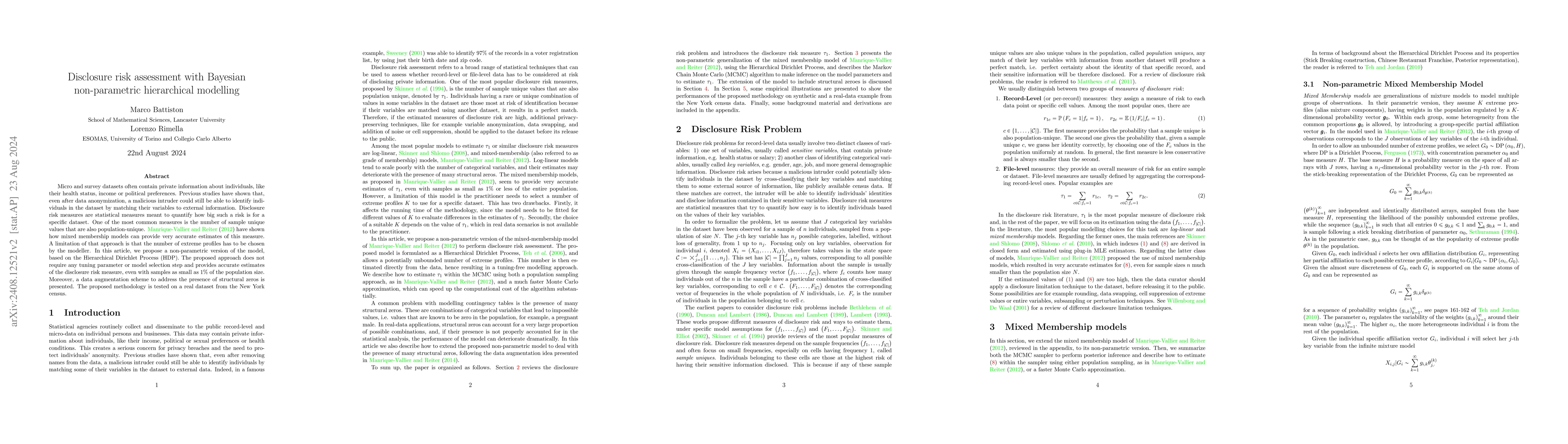 Thumbnail for Disclosure risk assessment with Bayesian non-parametric hierarchical
  modelling