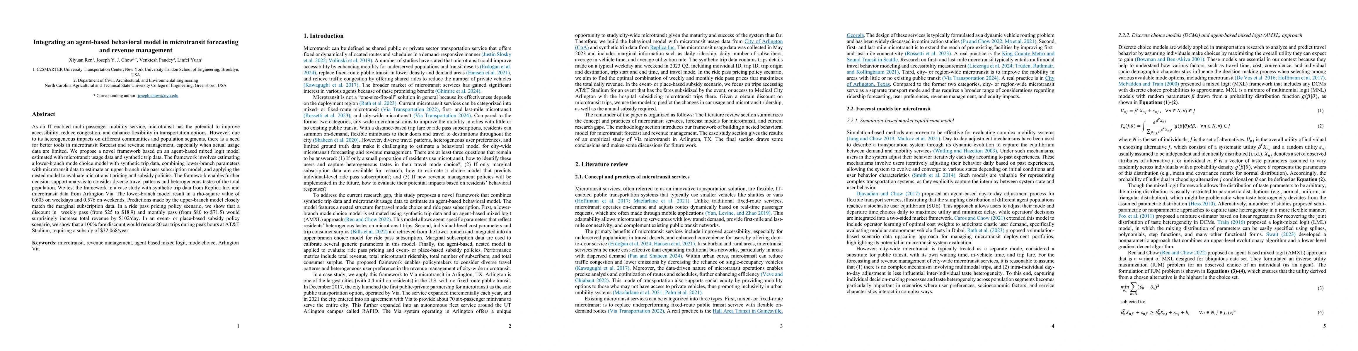 Thumbnail for Integrating an agent-based behavioral model in microtransit forecasting
  and revenue management