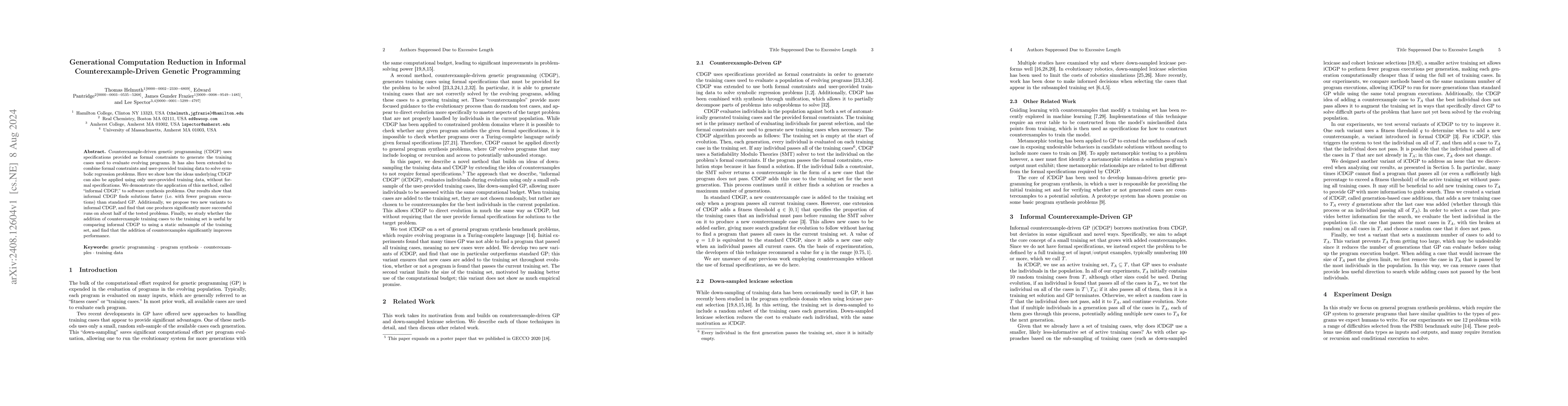 Thumbnail for Generational Computation Reduction in Informal Counterexample-Driven
  Genetic Programming