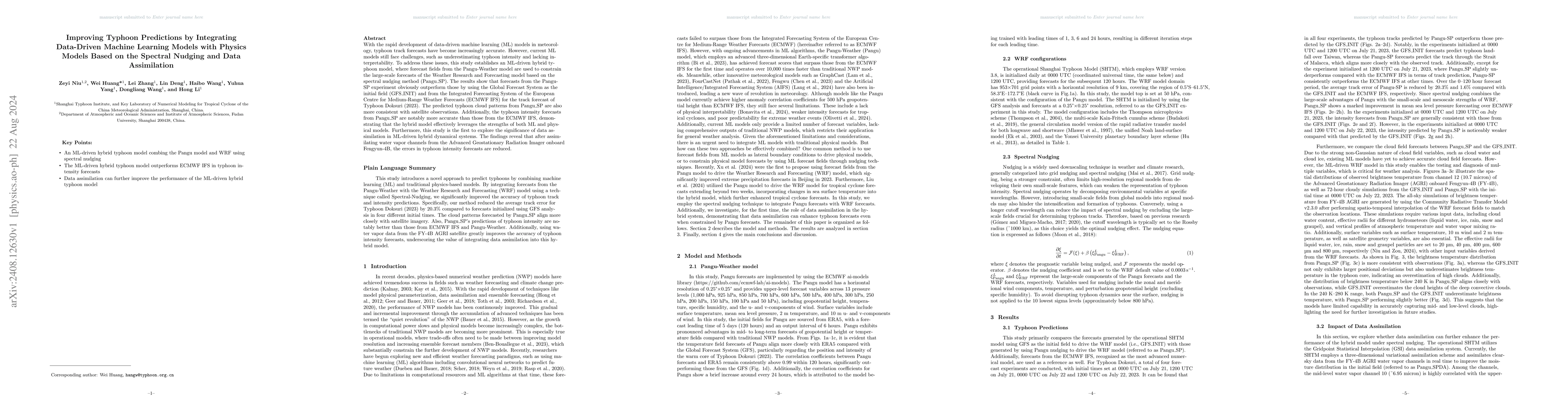 Thumbnail for Improving Typhoon Predictions by Integrating Data-Driven Machine
  Learning Models with Physics Models Based on the Spectral Nudging and Data
  Assimilation