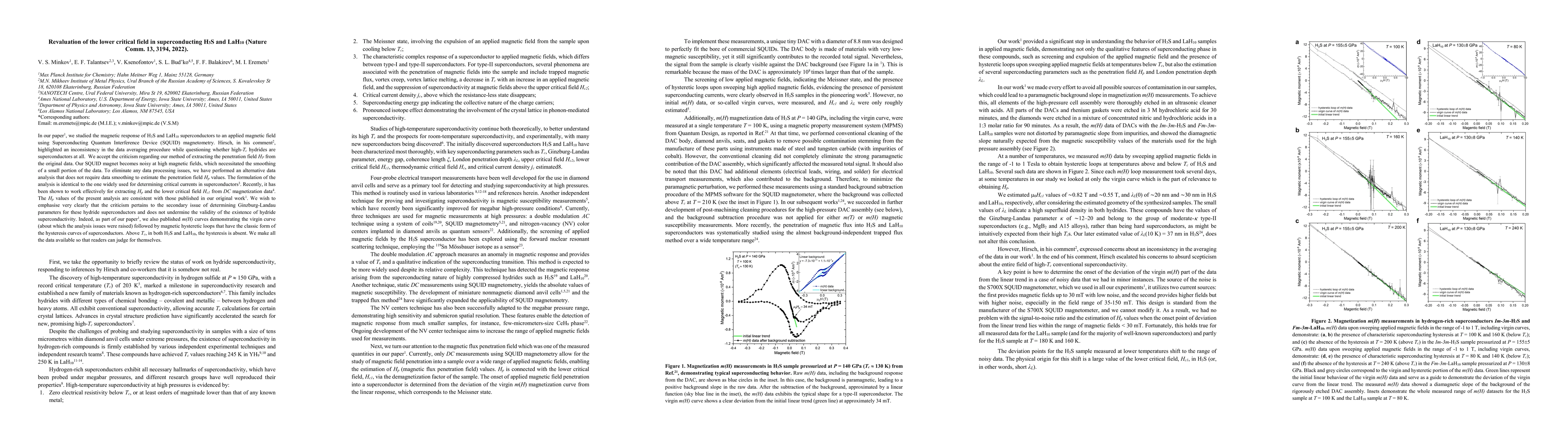 Thumbnail for Revaluation of the lower critical field in superconducting H$_3$S and
  LaH$_{10}$ (Nature Comm. 13, 3194, 2022)