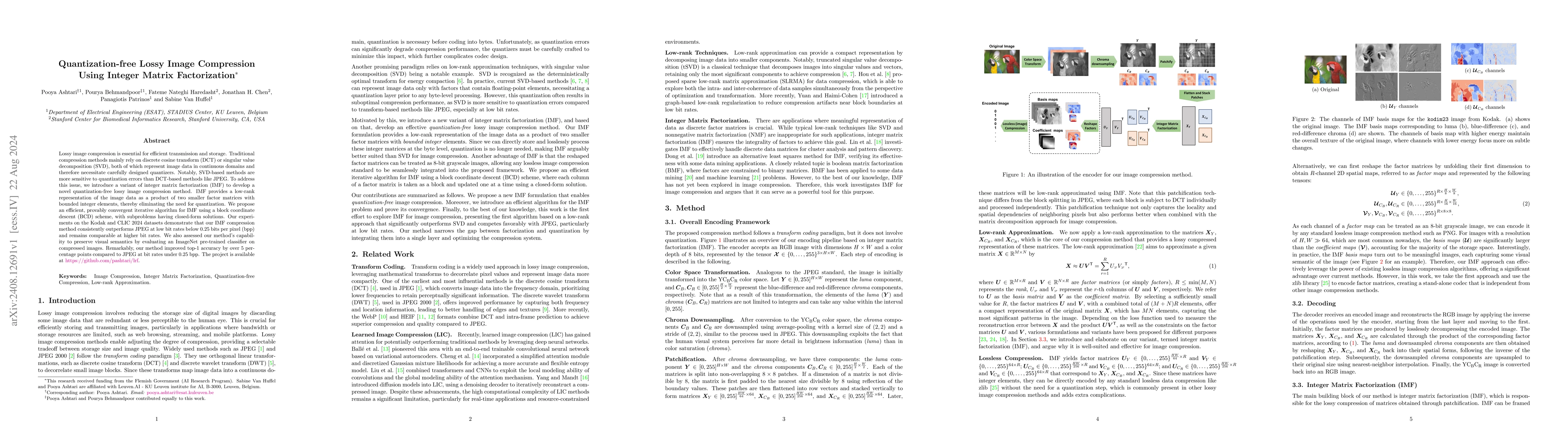Thumbnail for Quantization-free Lossy Image Compression Using Integer Matrix
  Factorization