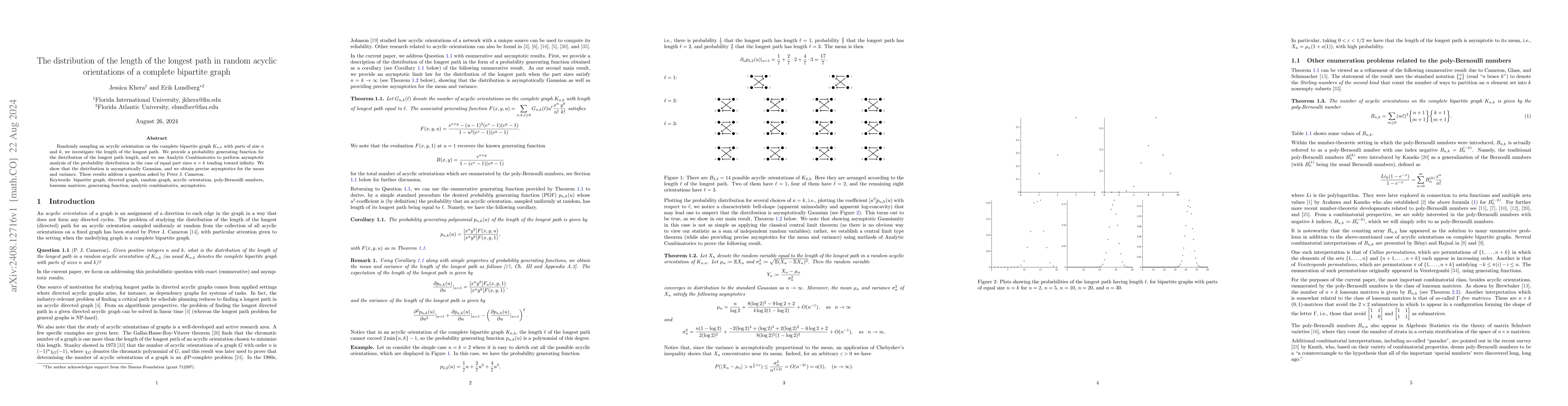 Thumbnail for The distribution of the length of the longest path in random acyclic
  orientations of a complete bipartite graph
