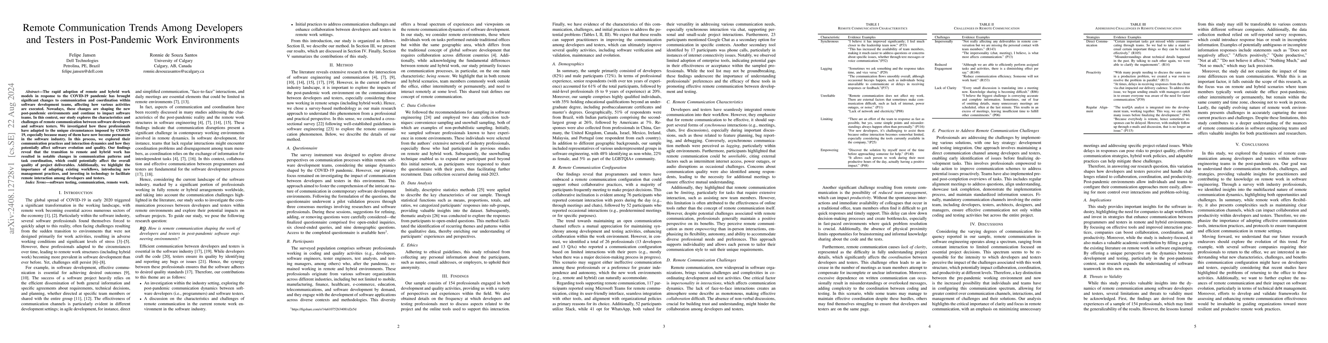 Thumbnail for Remote Communication Trends Among Developers and Testers in
  Post-Pandemic Work Environments