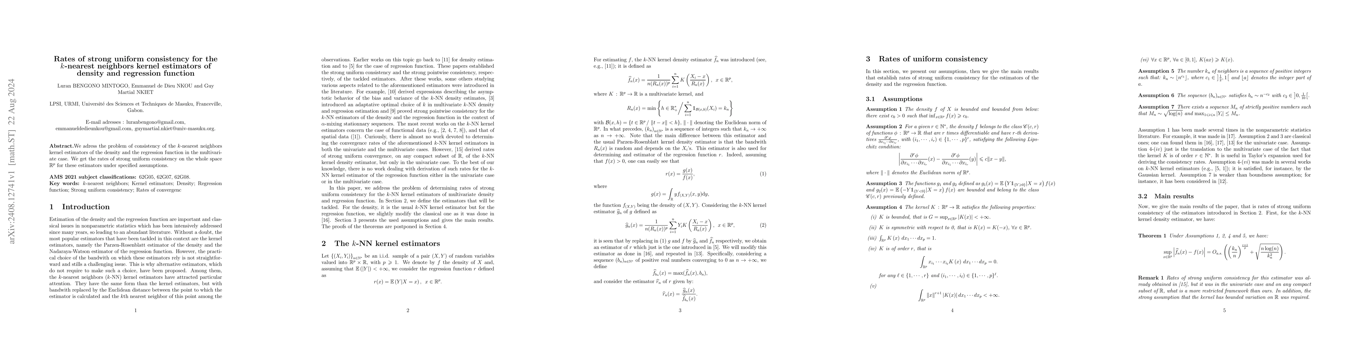Thumbnail for Rates of strong uniform consistency for the $k$-nearest neighbors kernel
  estimators of density and regression function