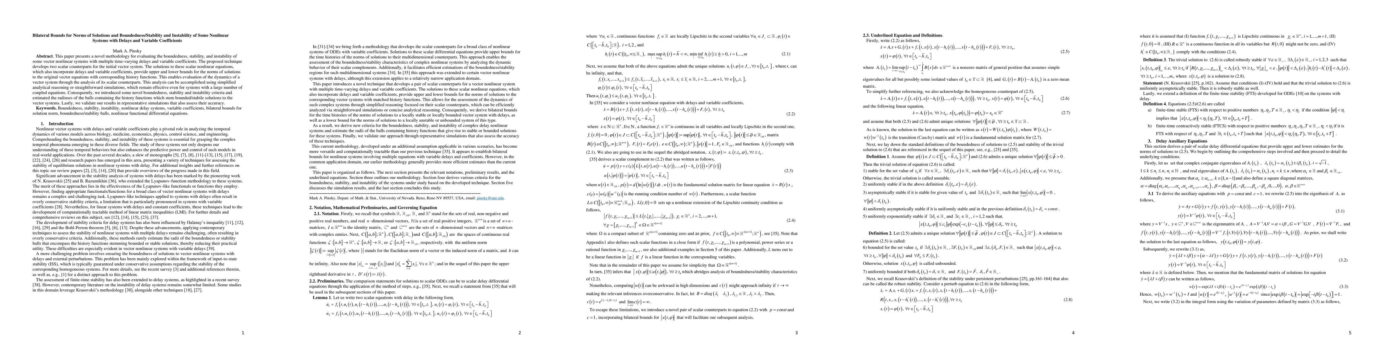 Thumbnail for Bilateral Bounds for Norms of Solutions and Boundedness/Stability and
  Instability of Some Nonlinear Systems with Delays and Variable Coefficients