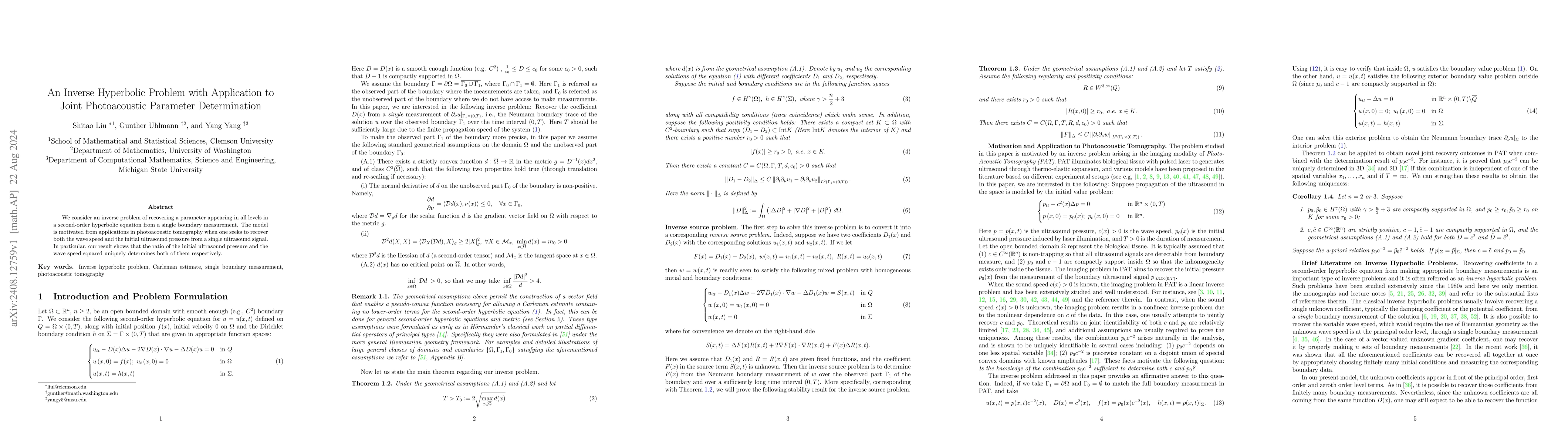 Thumbnail for An Inverse Hyperbolic Problem with Application to Joint Photoacoustic
  Parameter Determination