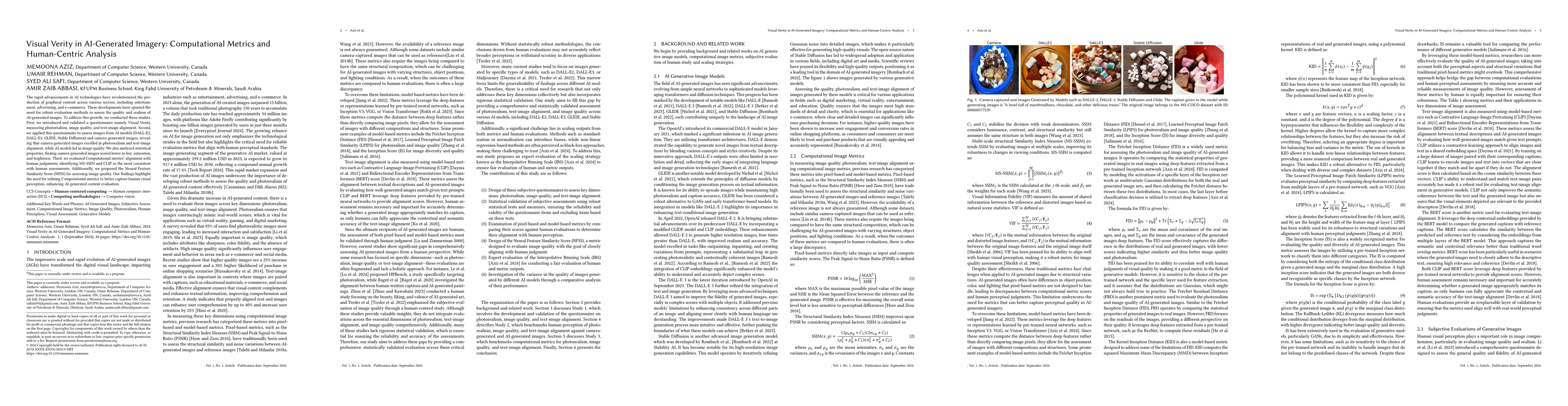 Thumbnail for Visual Verity in AI-Generated Imagery: Computational Metrics and
  Human-Centric Analysis