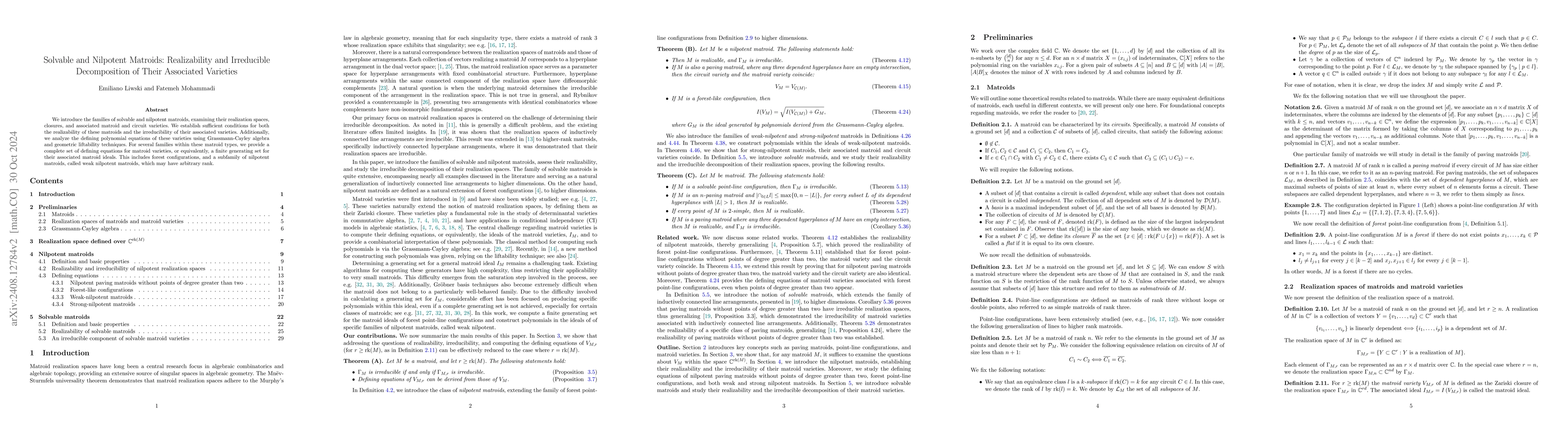 Thumbnail for Solvable and Nilpotent Matroids: Realizability and Irreducible
  Decomposition of Their Associated Varieties