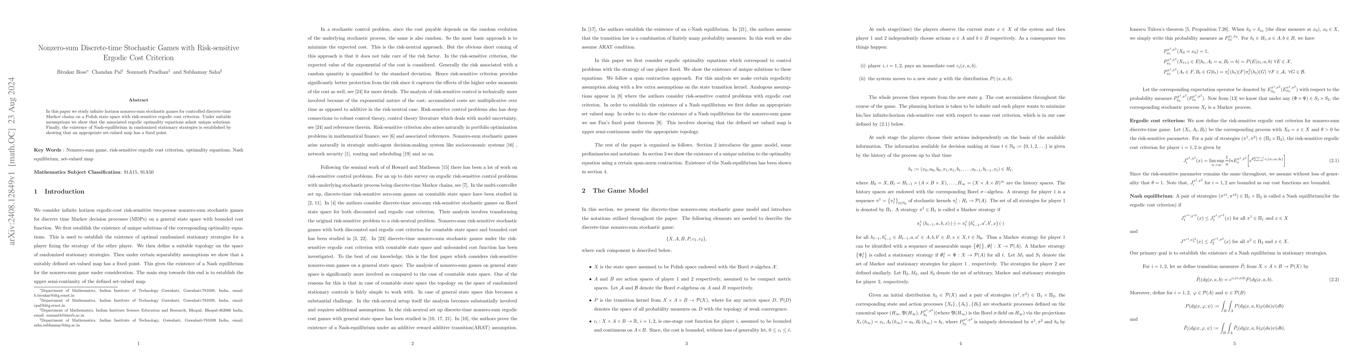 Thumbnail for Nonzero-sum Discrete-time Stochastic Games with Risk-sensitive Ergodic
  Cost Criterion