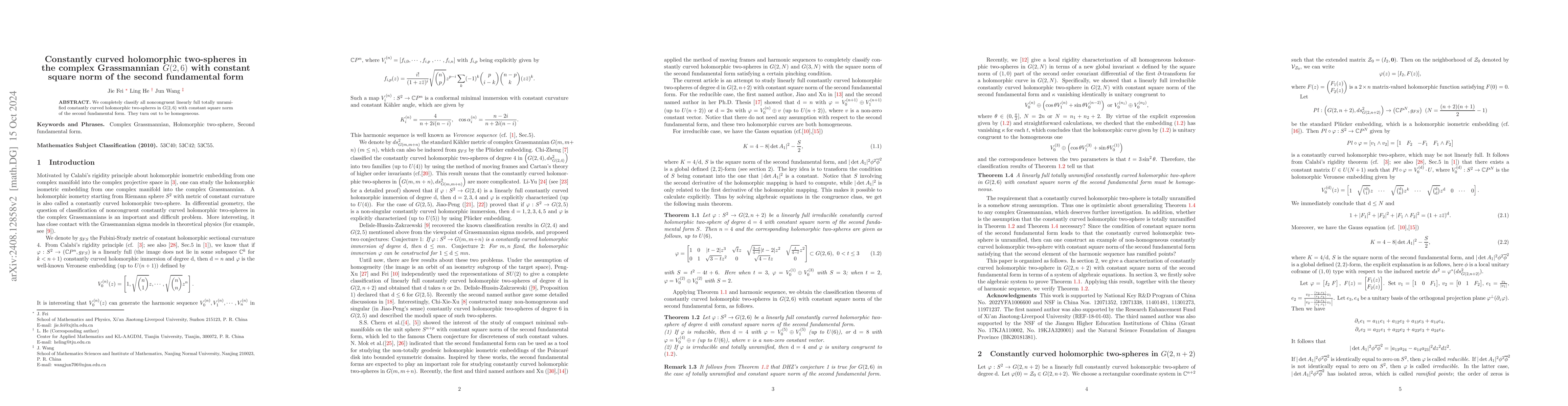 Thumbnail for Constantly curved holomorphic two-spheres in the complex Grassmannian
  G(2,6) with constant square norm of the second fundamental form