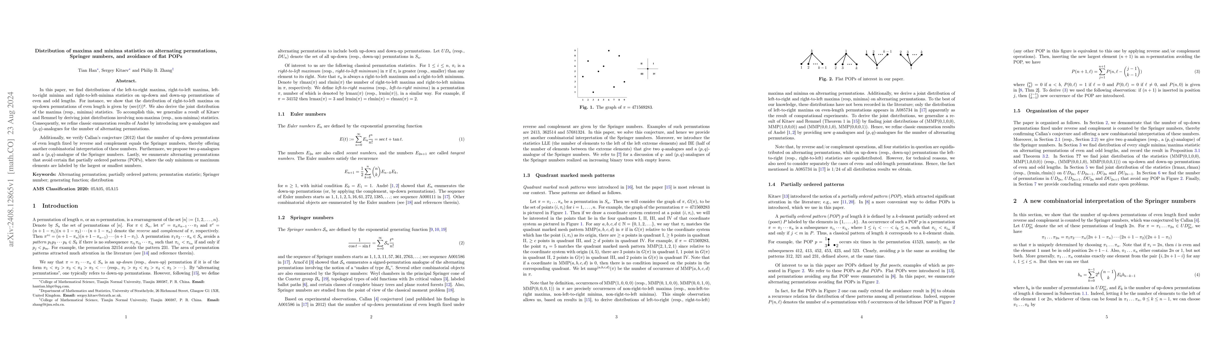 Thumbnail for Distribution of maxima and minima statistics on alternating
  permutations, Springer numbers, and avoidance of flat POPs