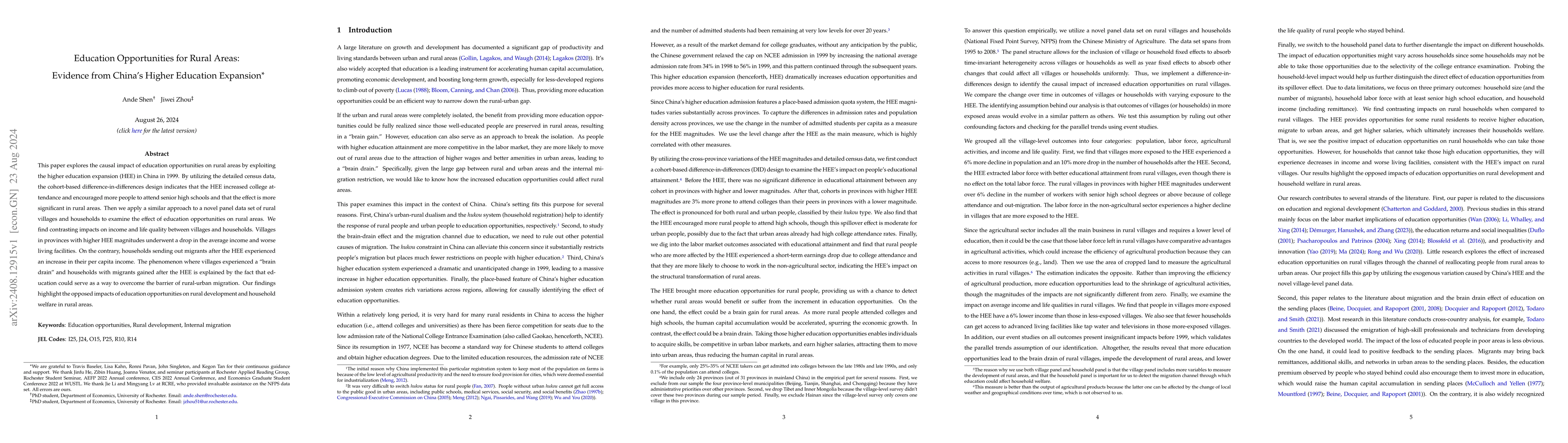 Thumbnail for Education Opportunities for Rural Areas: Evidence from China's Higher
  Education Expansion