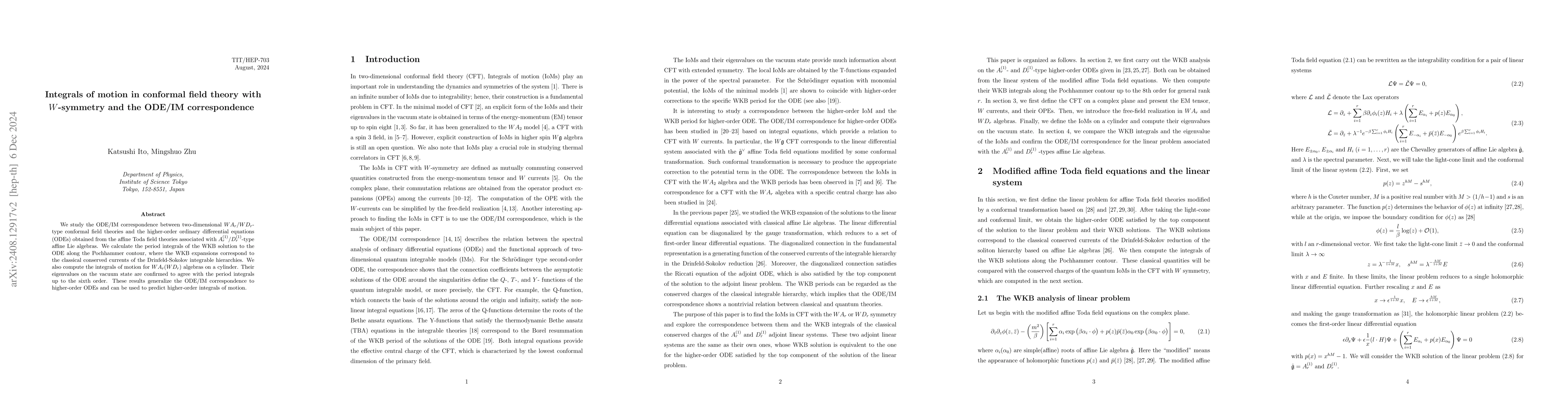 Thumbnail for Integrals of motion in conformal field theory with W-symmetry and the
  ODE/IM correspondence