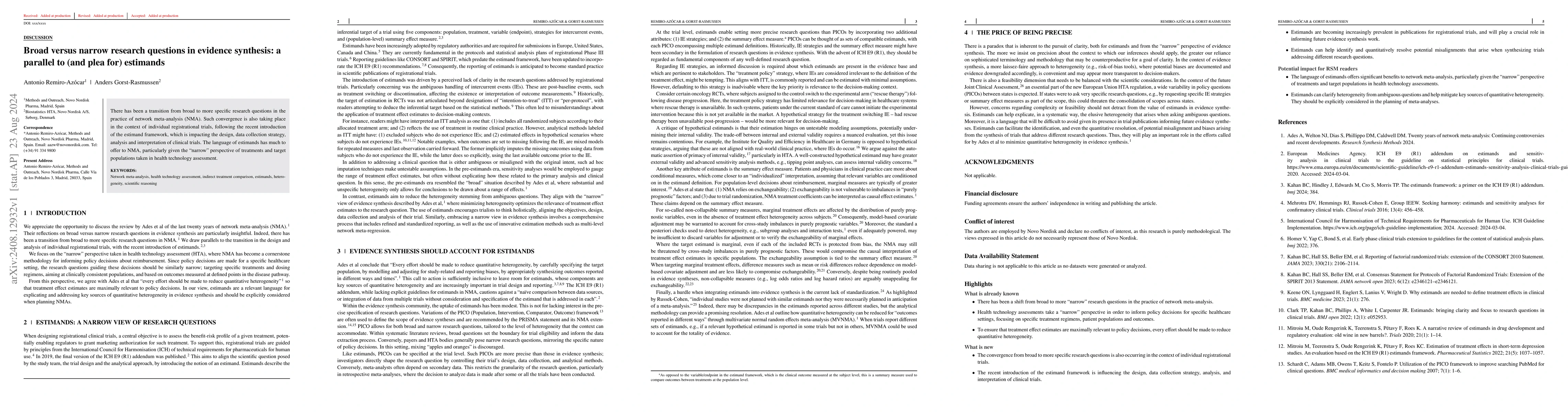 Thumbnail for Broad versus narrow research questions in evidence synthesis: a parallel
  to (and plea for) estimands