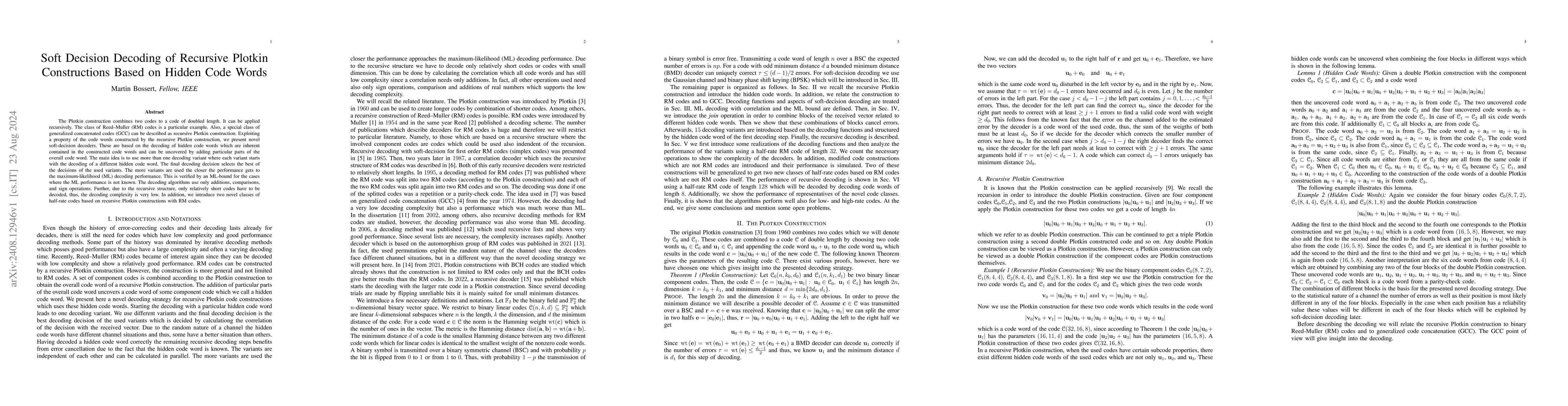 Thumbnail for Soft Decision Decoding of Recursive Plotkin Constructions Based on
  Hidden Code Words