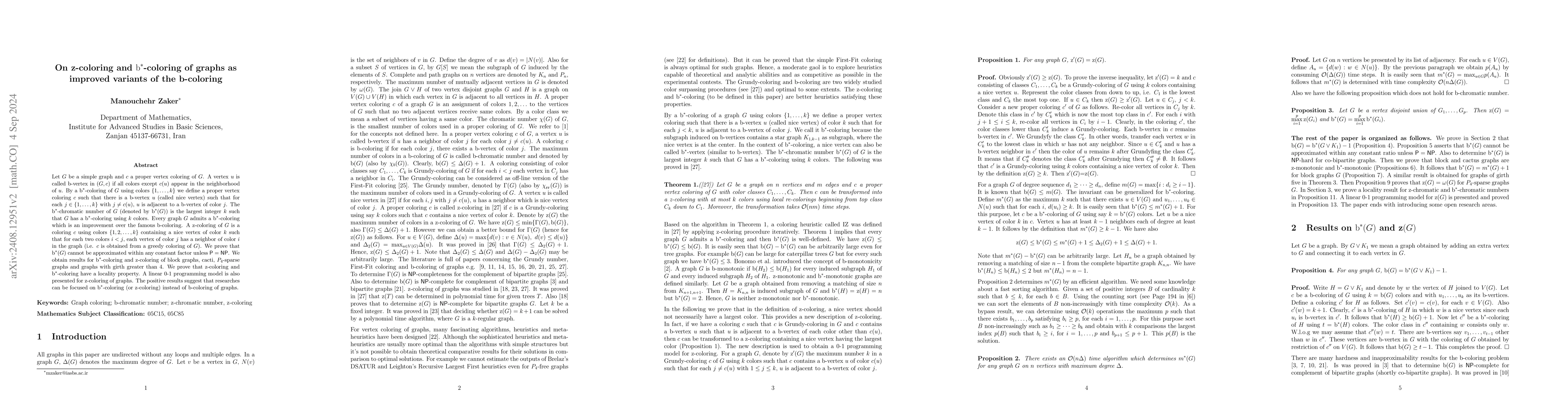 Thumbnail for On z-coloring and ${\rm b}^{\ast}$-coloring of graphs as improved
  variants of the b-coloring