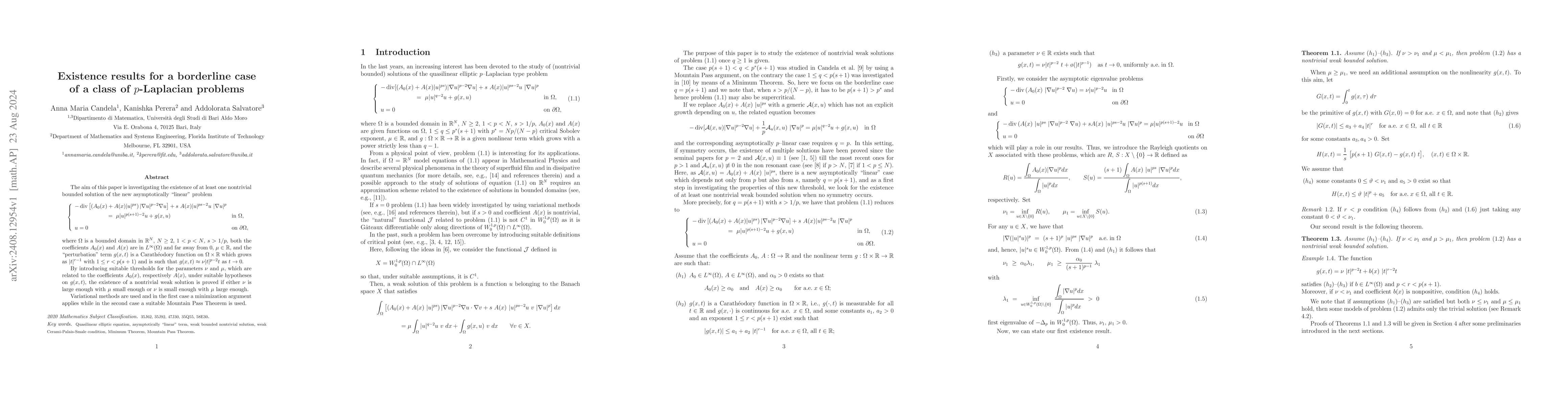 Thumbnail for Existence results for a borderline case of a class of p-Laplacian
  problems