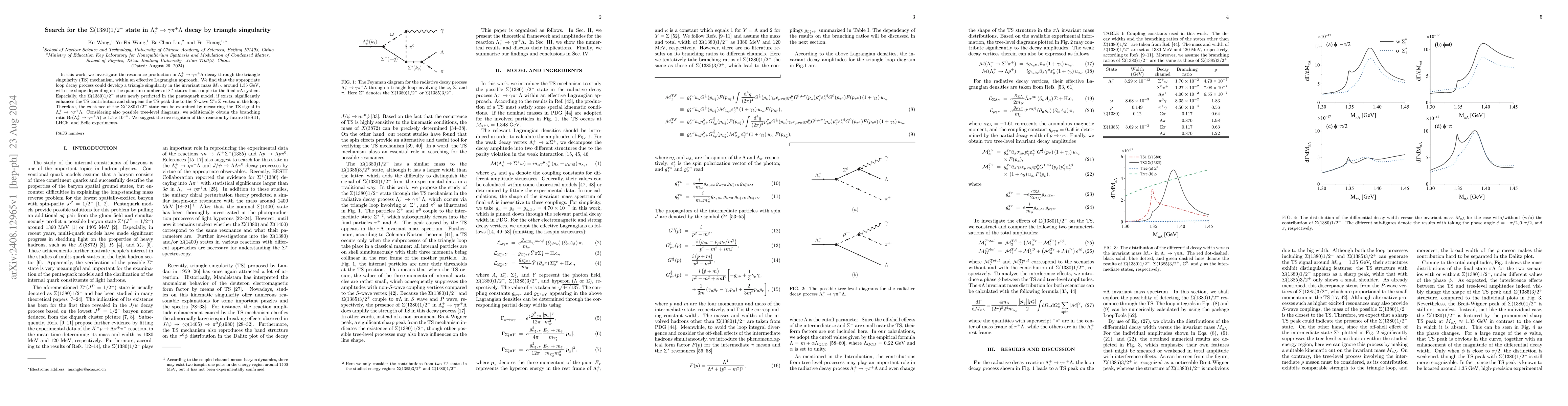 Thumbnail for Search for the $Σ(1380)1/2^-$ state in $Λ^+_c \to γ
  π^+ Λ$ decay by triangle singularity