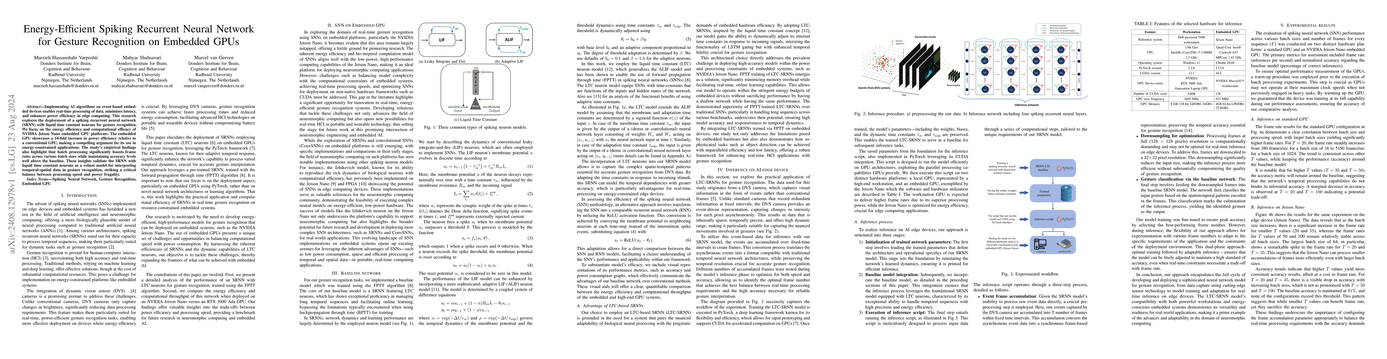 Thumbnail for Energy-Efficient Spiking Recurrent Neural Network for Gesture
  Recognition on Embedded GPUs