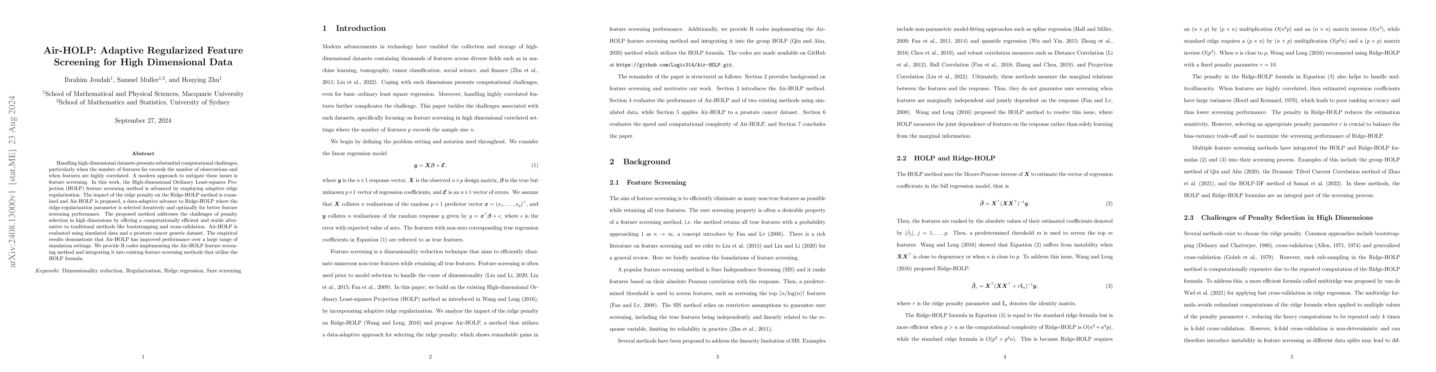 Thumbnail for Air-HOLP: Adaptive Regularized Feature Screening for High Dimensional
  Data
