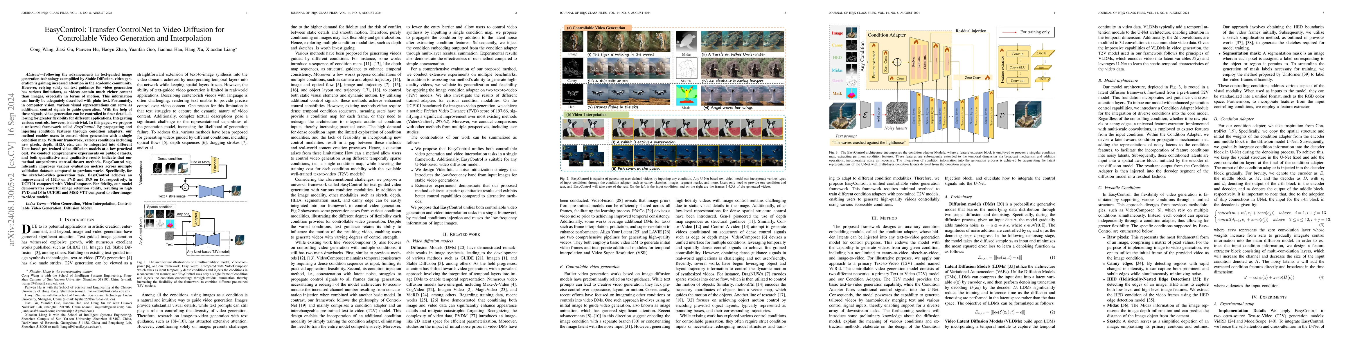 Thumbnail for EasyControl: Transfer ControlNet to Video Diffusion for Controllable
  Generation and Interpolation