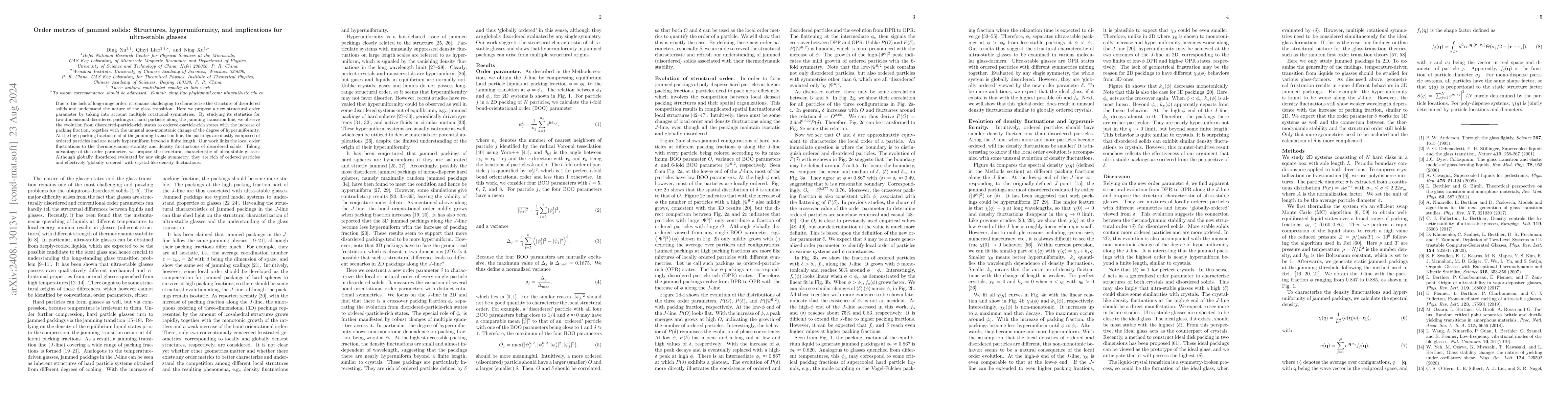 Thumbnail for Order metrics of jammed solids: Structures, hyperuniformity, and
  implications for ultra-stable glasses