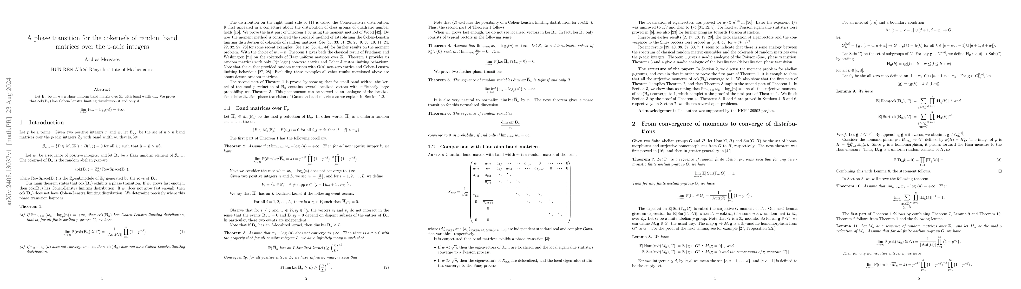 Thumbnail for A phase transition for the cokernels of random band matrices over the
  p-adic integers