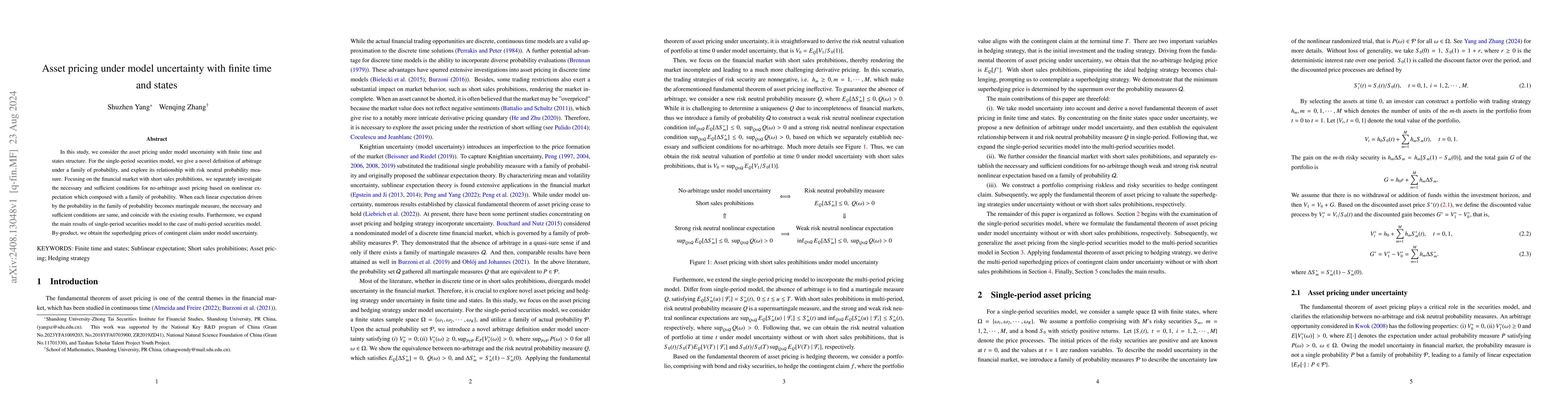 Thumbnail for Asset pricing under model uncertainty with finite time and states