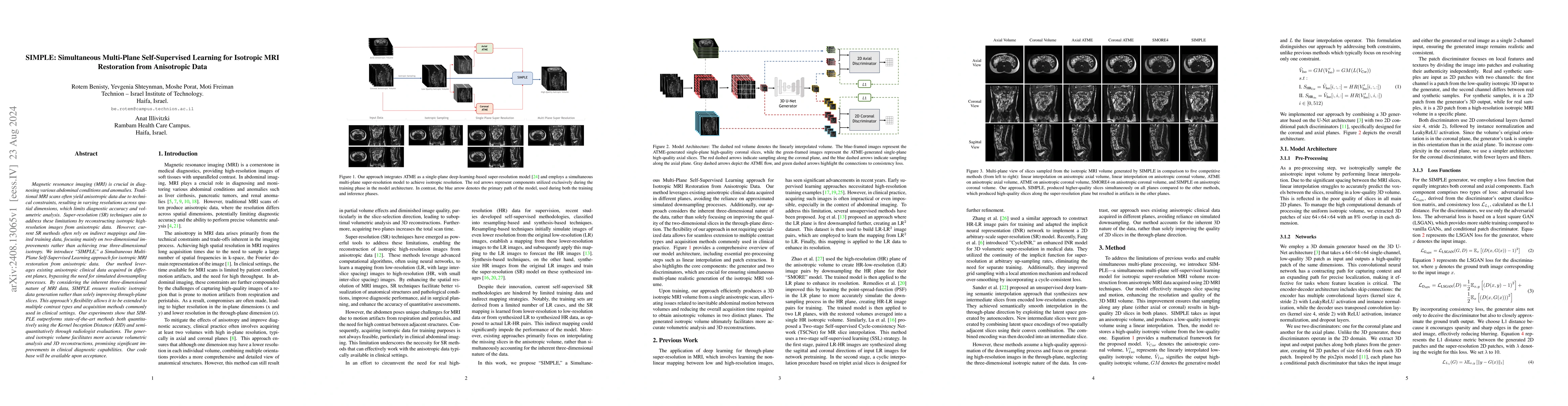 Thumbnail for SIMPLE: Simultaneous Multi-Plane Self-Supervised Learning for Isotropic
  MRI Restoration from Anisotropic Data