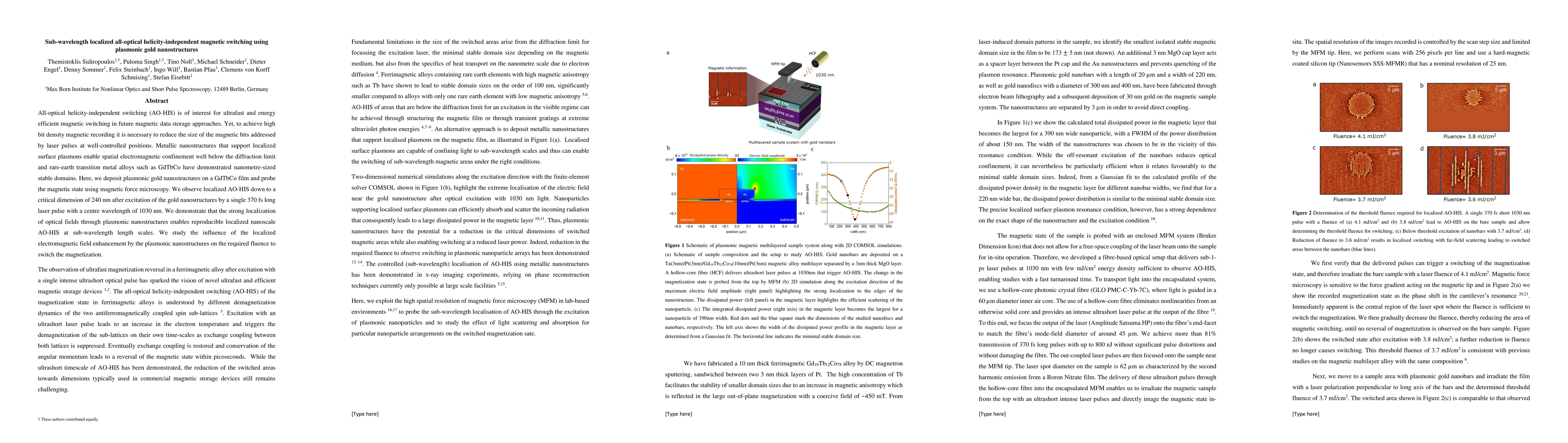 Thumbnail for Sub-wavelength localized all-optical helicity-independent magnetic
  switching using plasmonic gold nanostructures