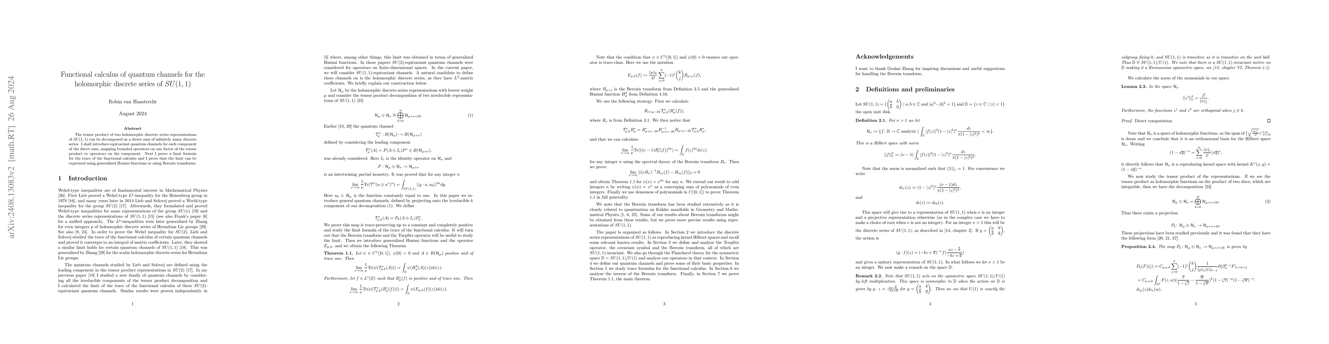Thumbnail for Functional calculus of quantum channels for the holomorphic discrete
  series of $SU(1,1)$