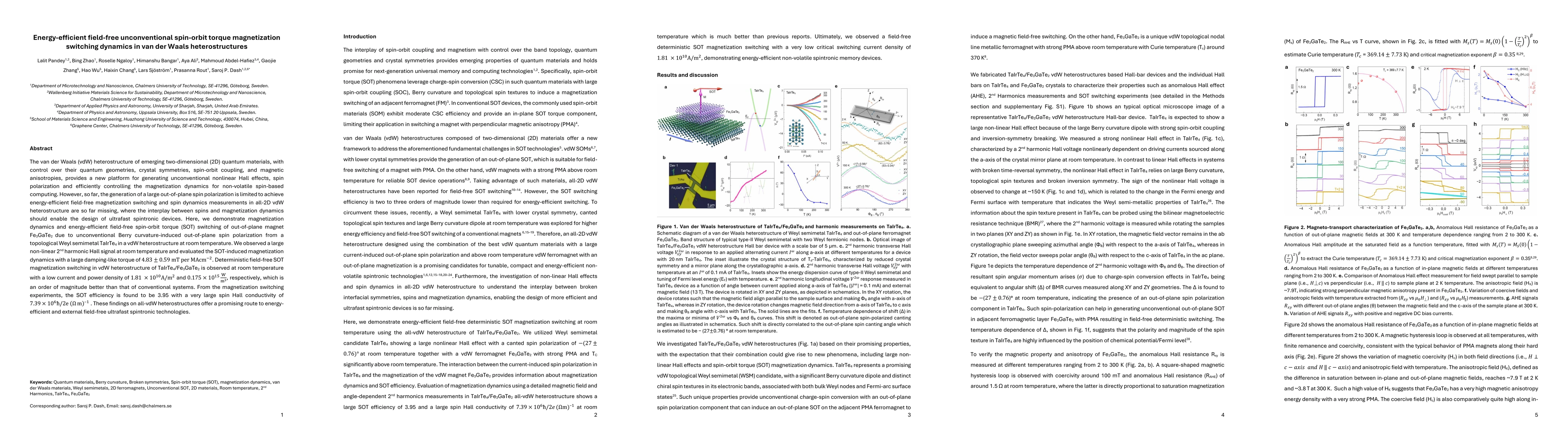 Thumbnail for Energy-efficient field-free unconventional spin-orbit torque
  magnetization switching dynamics in van der Waals heterostructures