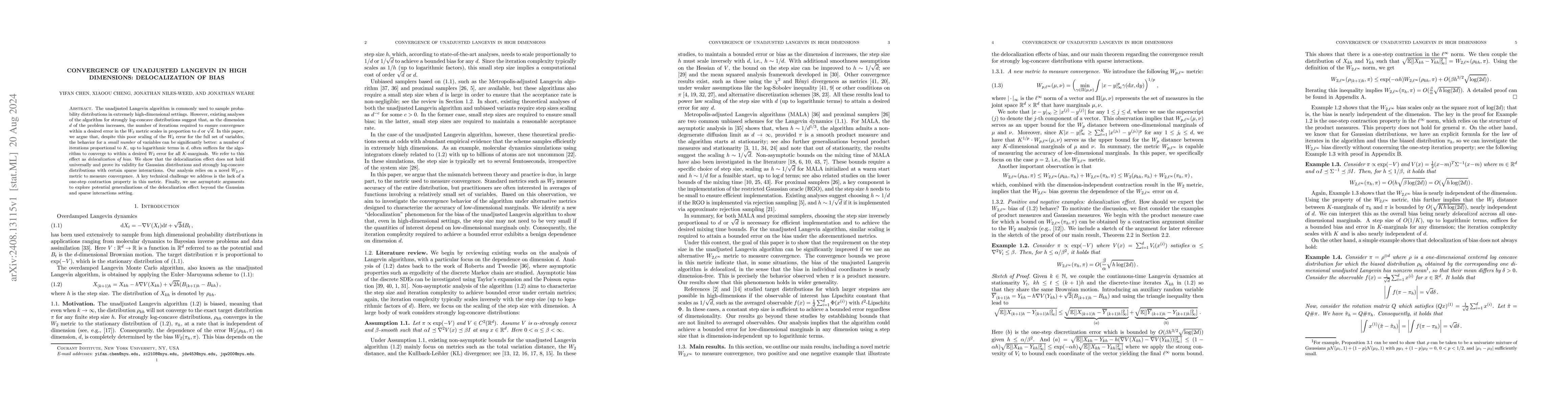 Thumbnail for Convergence of Unadjusted Langevin in High Dimensions: Delocalization of
  Bias