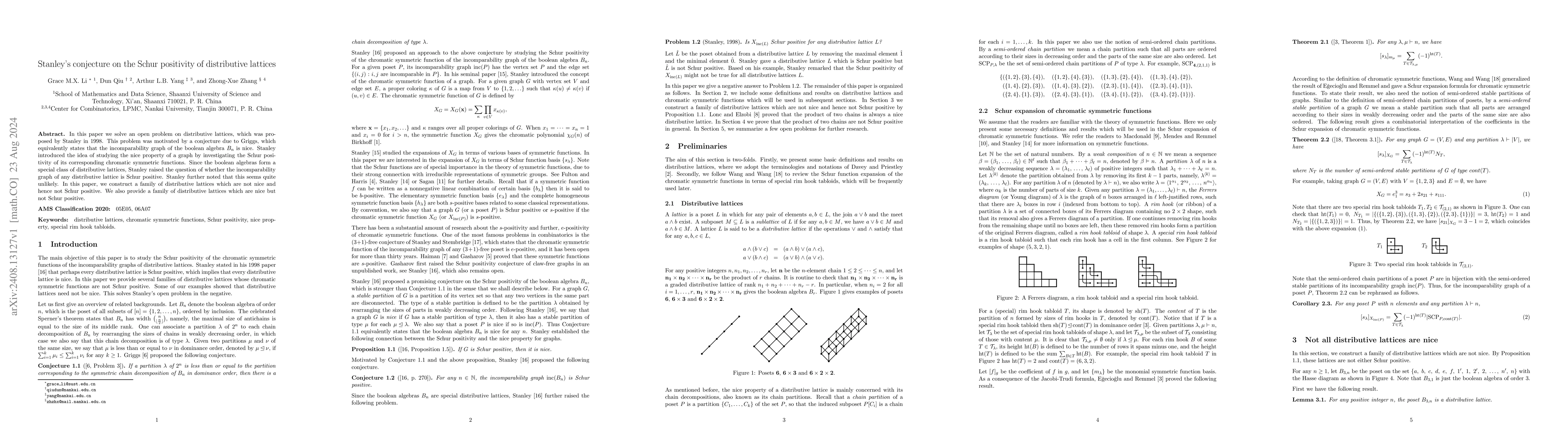 Thumbnail for Stanley's conjecture on the Schur positivity of distributive lattices