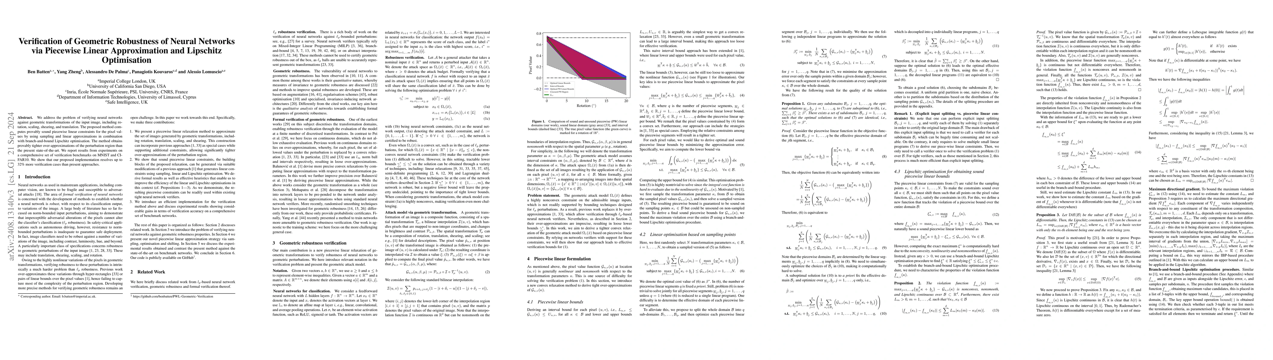 Thumbnail for Verification of Geometric Robustness of Neural Networks via Piecewise
  Linear Approximation and Lipschitz Optimisation
