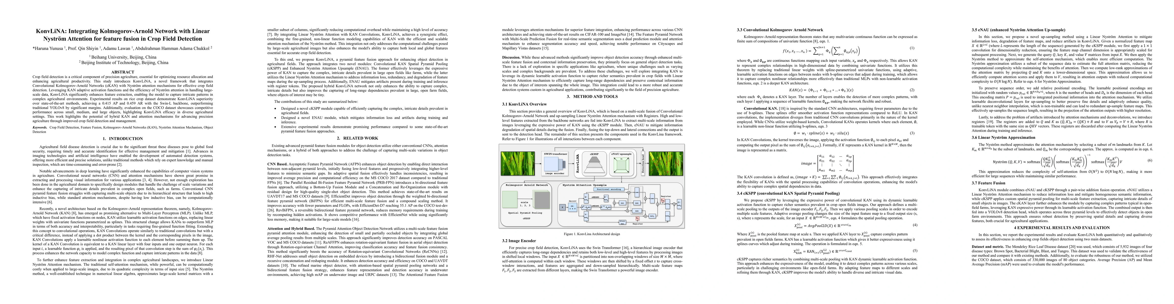 Thumbnail for KonvLiNA: Integrating Kolmogorov-Arnold Network with Linear Nyström
  Attention for feature fusion in Crop Field Detection