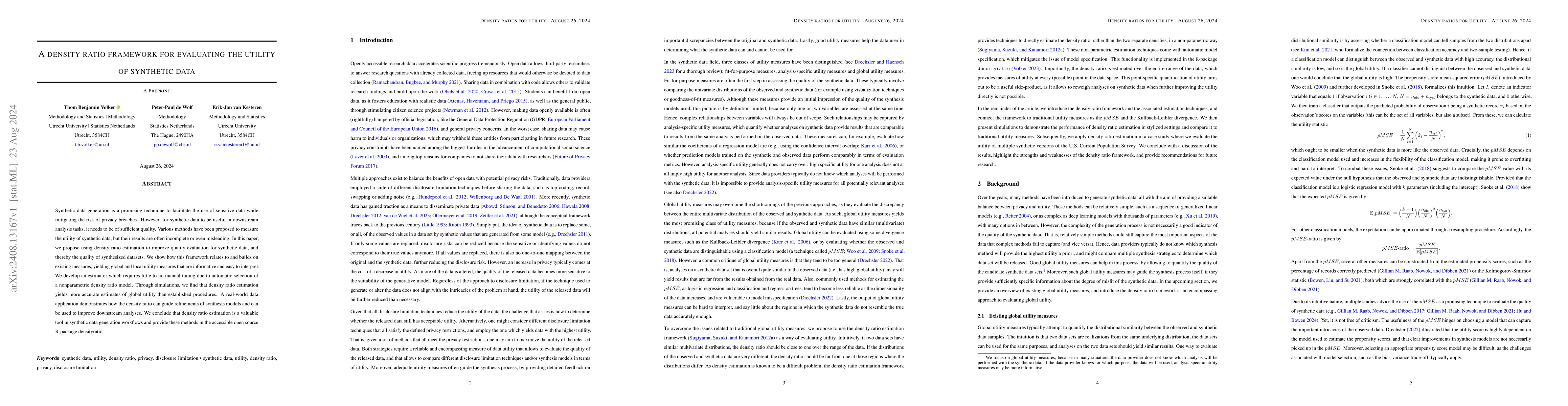 Thumbnail for A density ratio framework for evaluating the utility of synthetic data