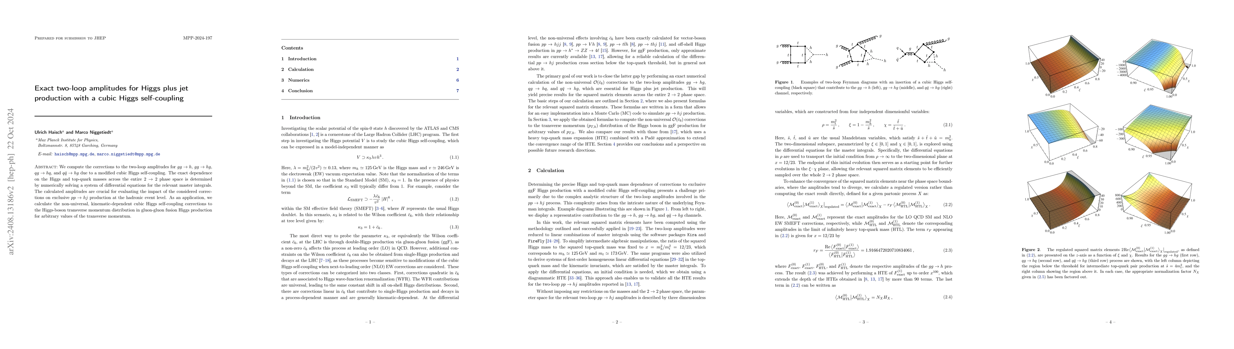 Thumbnail for Exact two-loop amplitudes for Higgs plus jet production with a cubic
  Higgs self-coupling